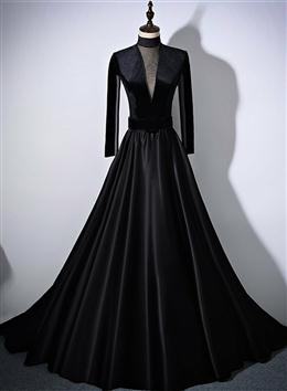 Picture of Black Color Velvet and Satin Long Sleeves See Through Back Formal Dresses, Black Color Evening Dresses
